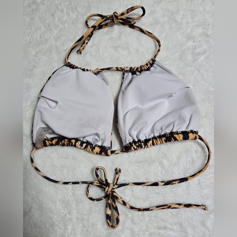 Leopard Bikini Top Size L Large String Neck Back … - image 5